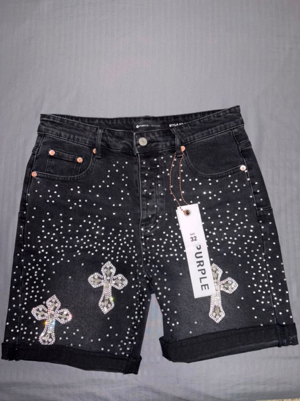 PURPLE Black Rhinestone Cross Denim Shorts - Men’s Jean Shorts